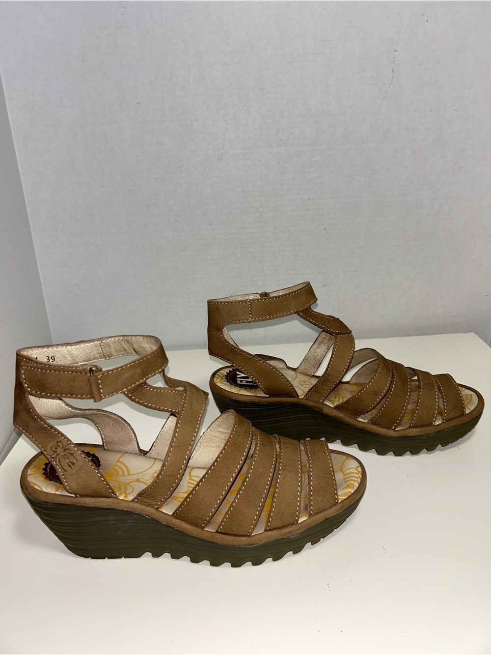 Fly London Yeba 895 Tan Leather Ankle Strap Hook Loop Wedge Heel Sandal